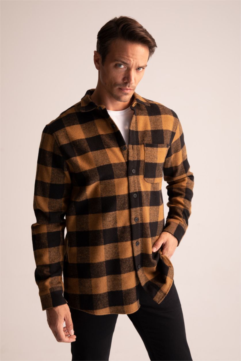 HOMME Beige Chemises à manches longues Coupe Régulière Carreaux