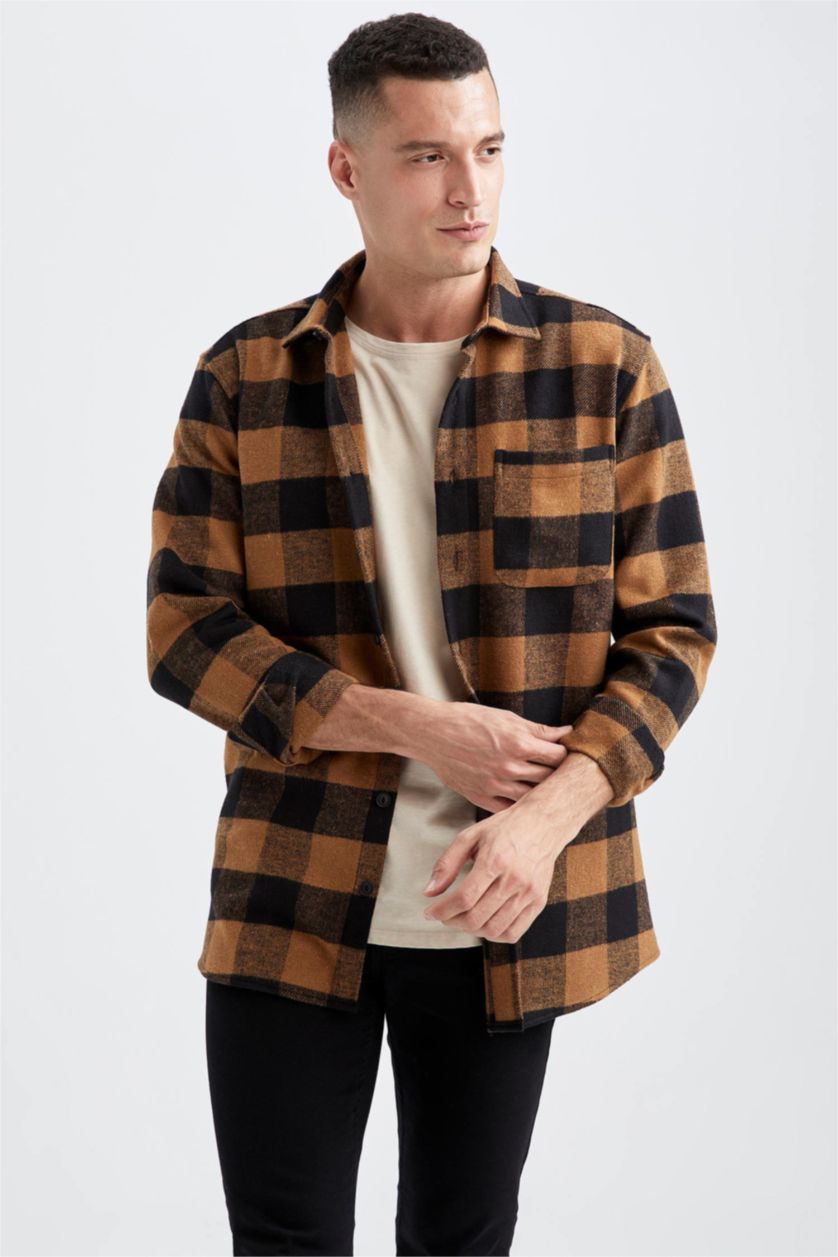 HOMME Beige Chemises à manches longues Coupe Régulière Carreaux