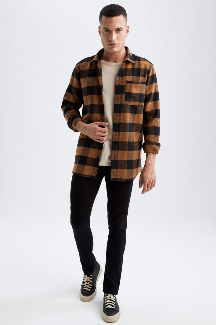 HOMME Beige Chemises à manches longues Coupe Régulière Carreaux