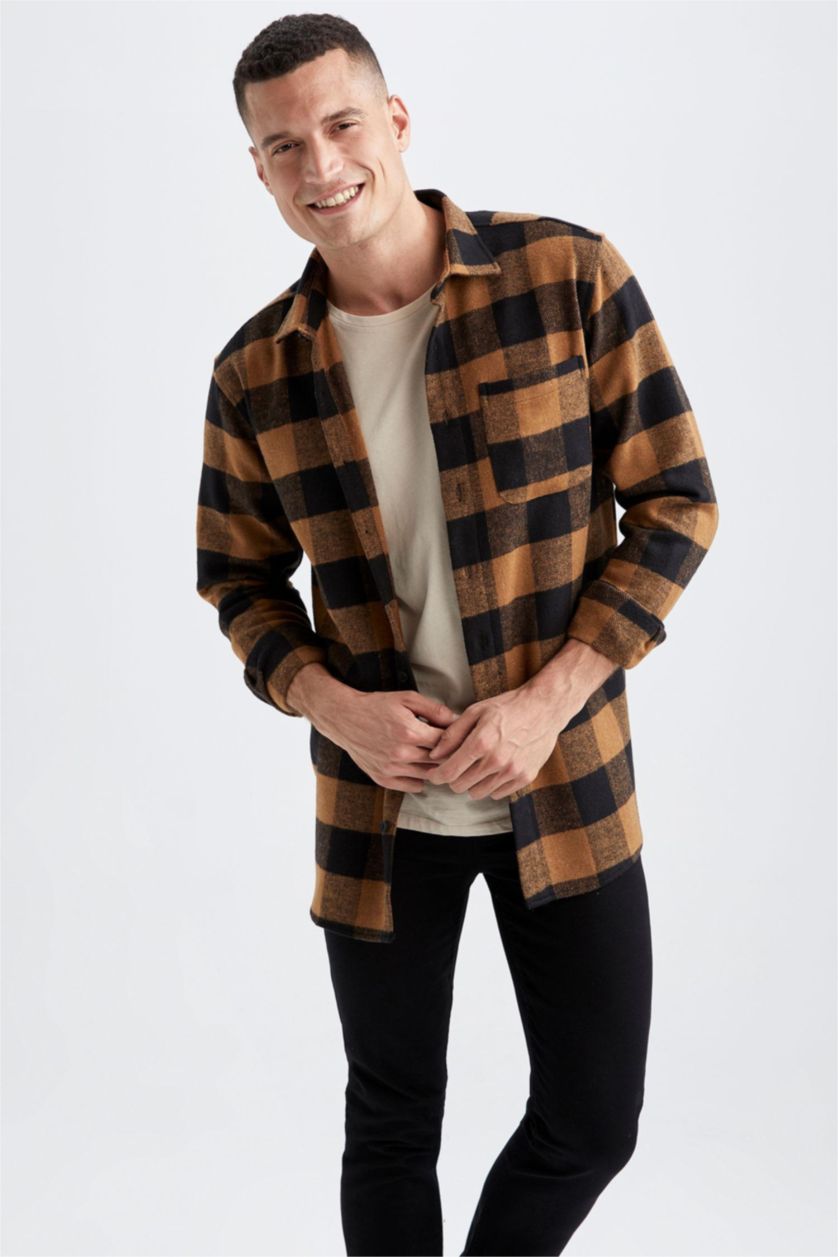 HOMME Beige Chemises à manches longues Coupe Régulière Carreaux