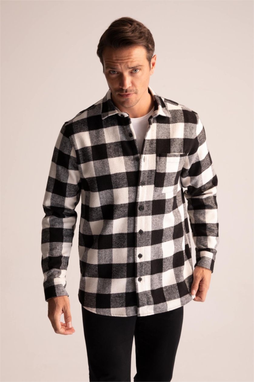 Мужчины Черный Рубашка с длинным рукавом стандартного кроя в клетку для мужчин