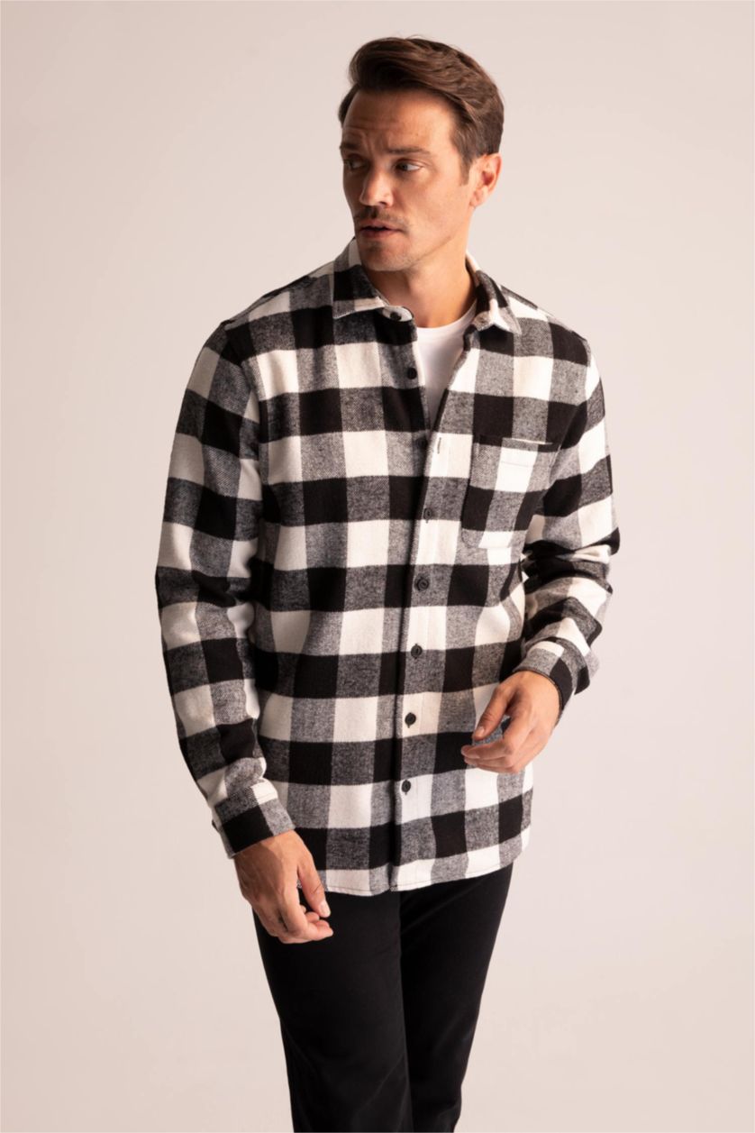 Мужчины Черный Рубашка с длинным рукавом стандартного кроя в клетку для мужчин