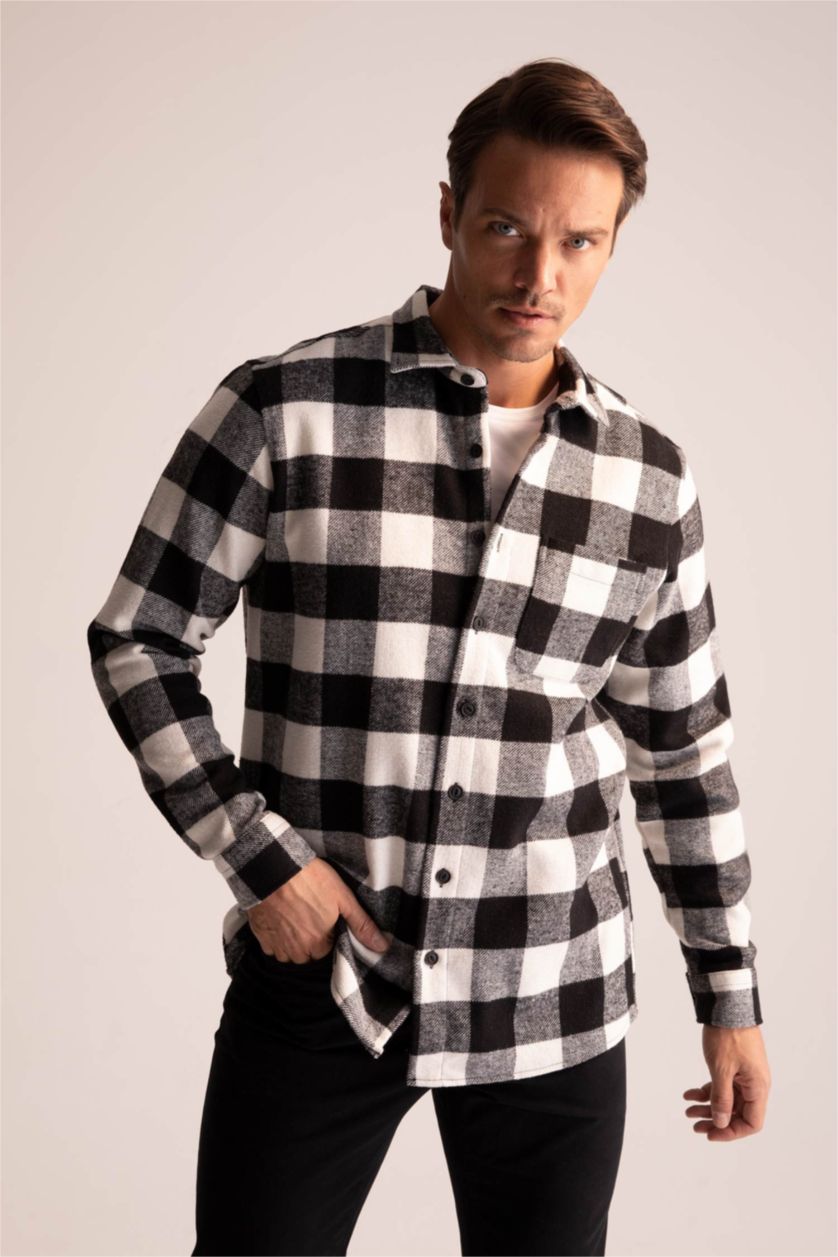 Мужчины Черный Рубашка с длинным рукавом стандартного кроя в клетку для мужчин