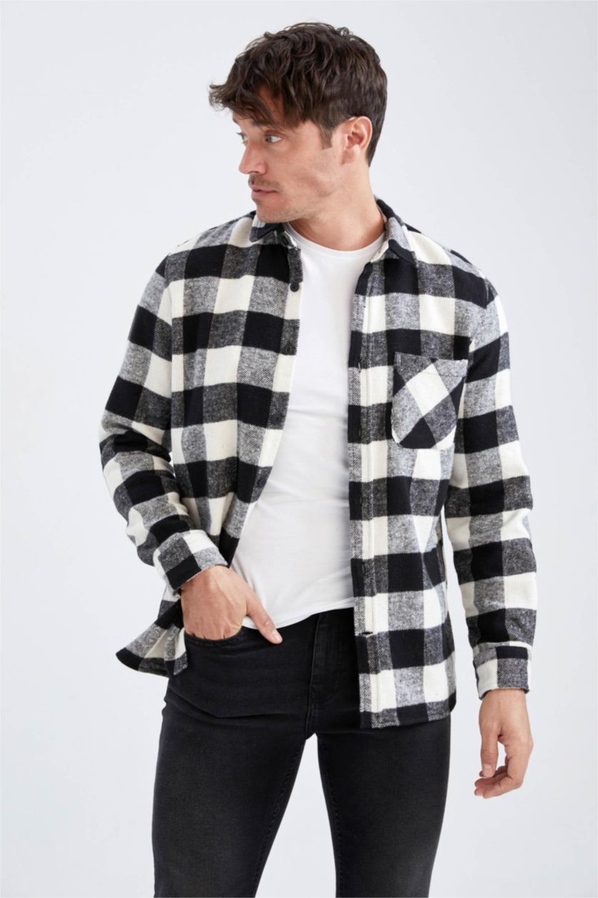 Мужчины Черный Рубашка с длинным рукавом стандартного кроя в клетку для мужчин