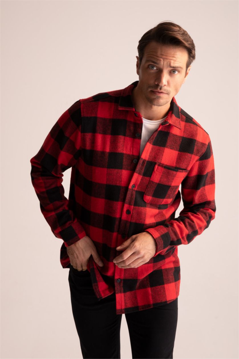 رجالي أحمر قميص كاروهات بقصة عادية