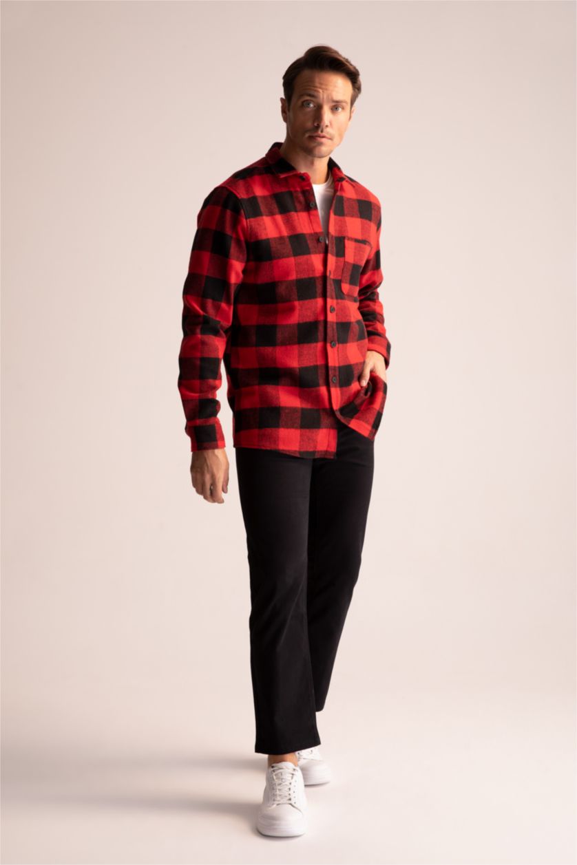 رجالي أحمر قميص كاروهات بقصة عادية