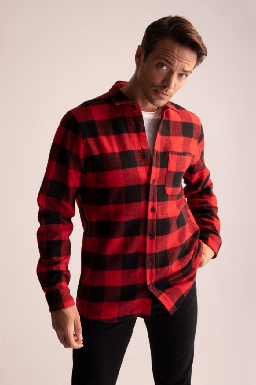 رجالي أحمر قميص كاروهات بقصة عادية