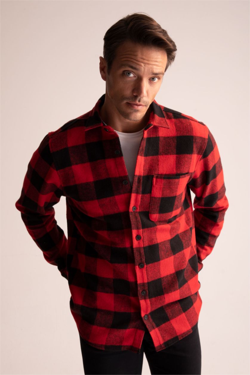 رجالي أحمر قميص كاروهات بقصة عادية