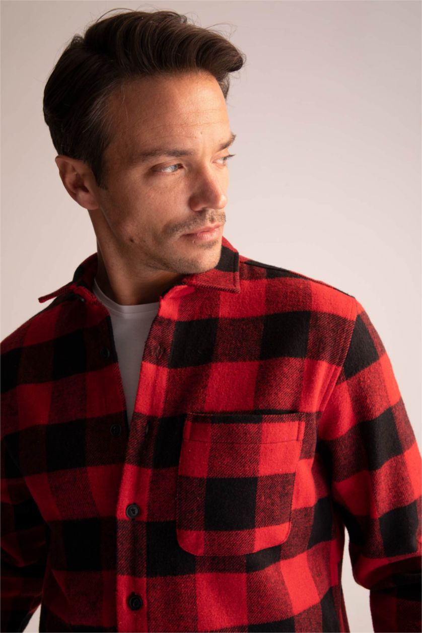 رجالي أحمر قميص كاروهات بقصة عادية