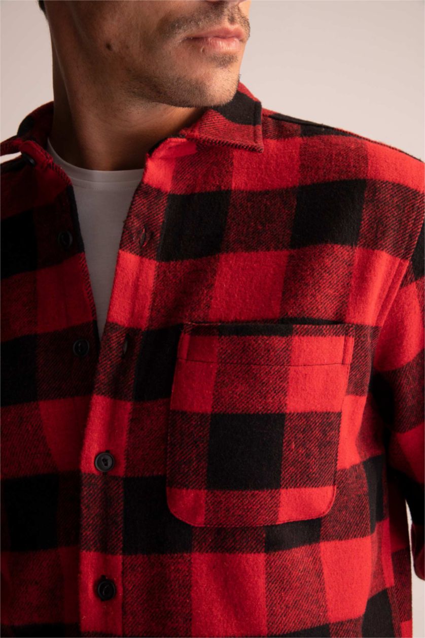 رجالي أحمر قميص كاروهات بقصة عادية