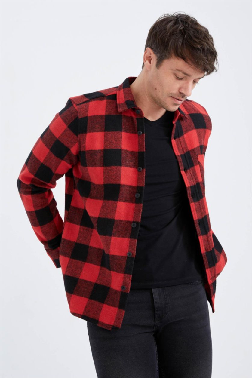 رجالي أحمر قميص كاروهات بقصة عادية