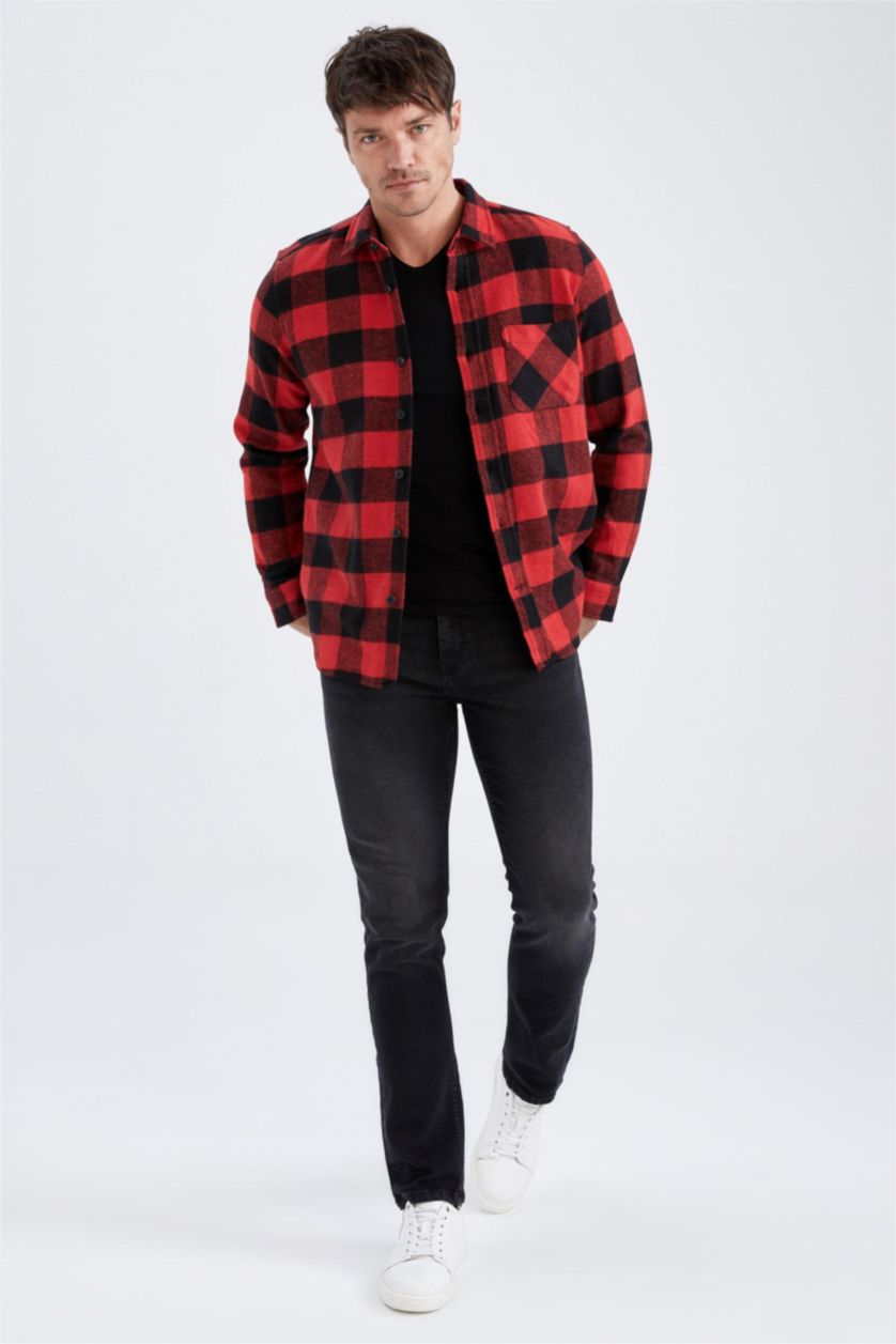 رجالي أحمر قميص كاروهات بقصة عادية