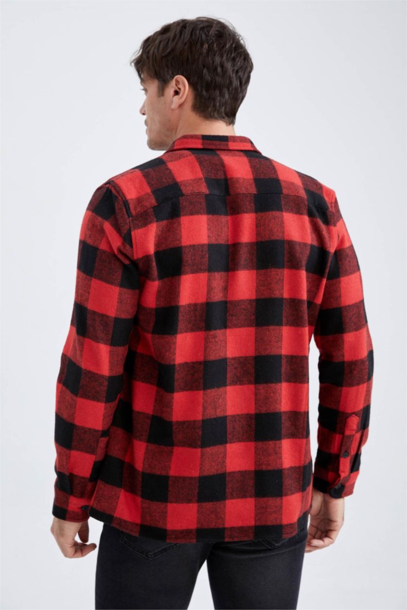 رجالي أحمر قميص كاروهات بقصة عادية