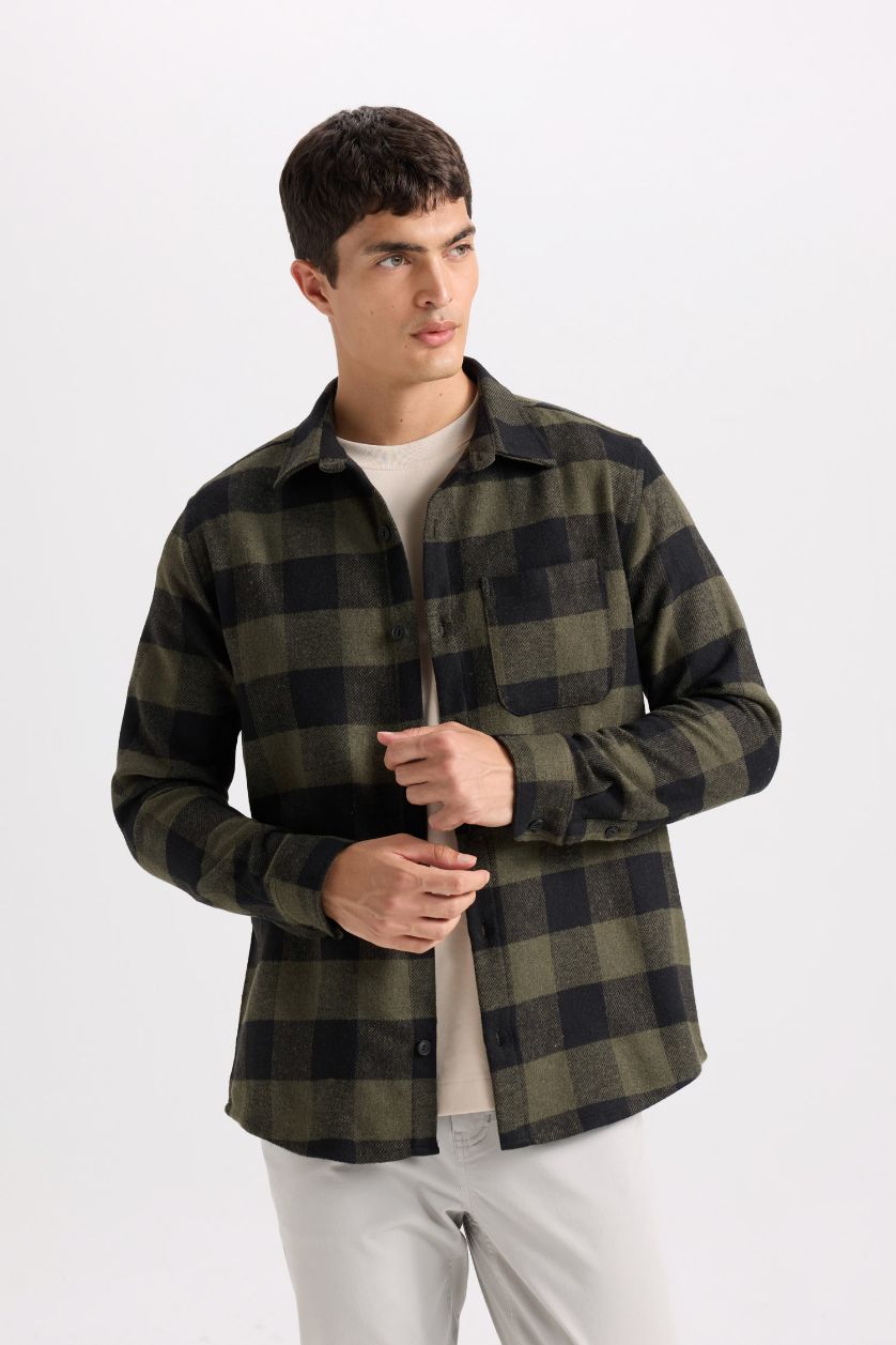 Erkek Haki Regular Fıt Polo Yaka Kareli Flanel Uzun Kollu Gömlek