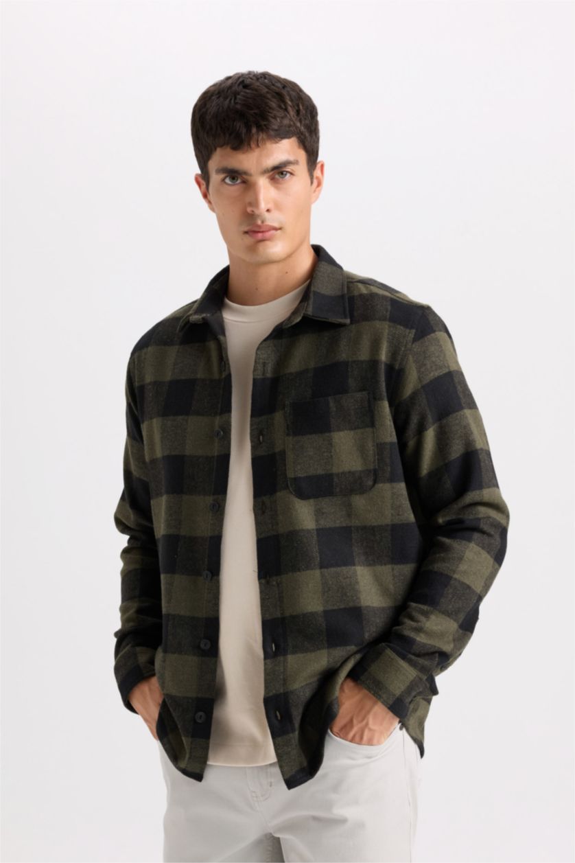 Erkek Haki Regular Fıt Polo Yaka Kareli Flanel Uzun Kollu Gömlek