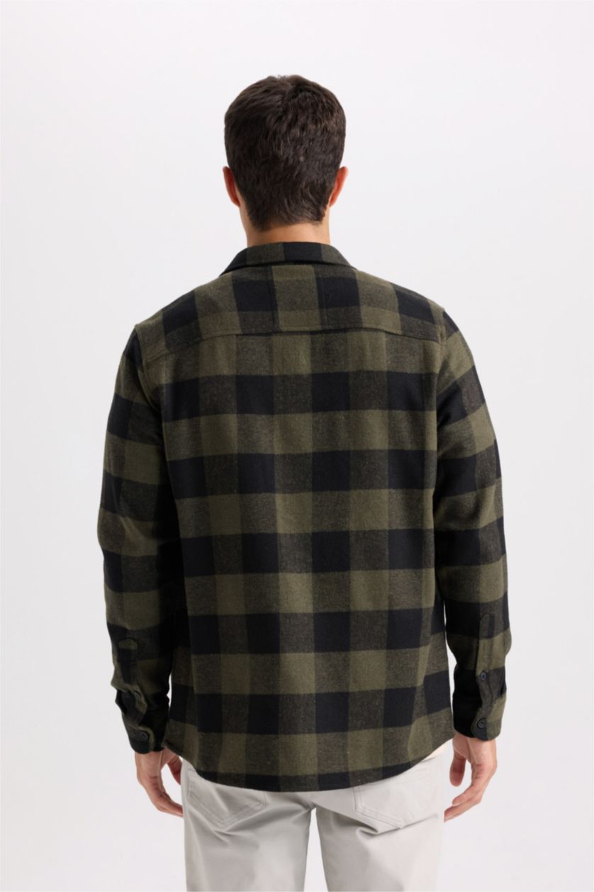 Erkek Haki Regular Fıt Polo Yaka Kareli Flanel Uzun Kollu Gömlek