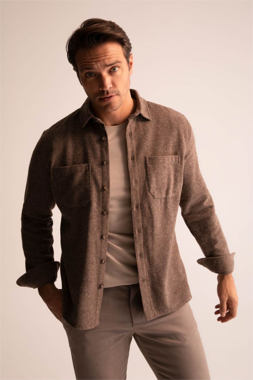 رجالي بني قميص مودرن فيت بأكمام طويلة