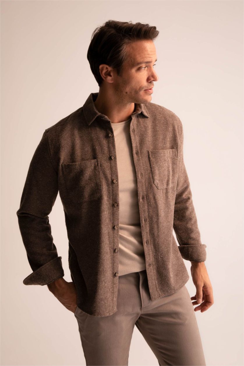 رجالي بني قميص مودرن فيت بأكمام طويلة