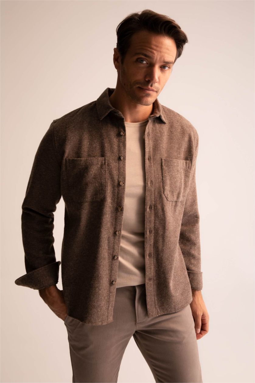 رجالي بني قميص مودرن فيت بأكمام طويلة