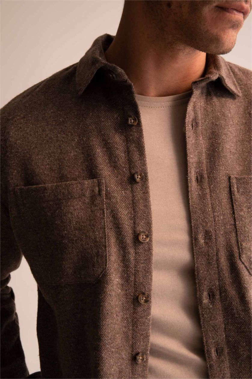 رجالي بني قميص مودرن فيت بأكمام طويلة