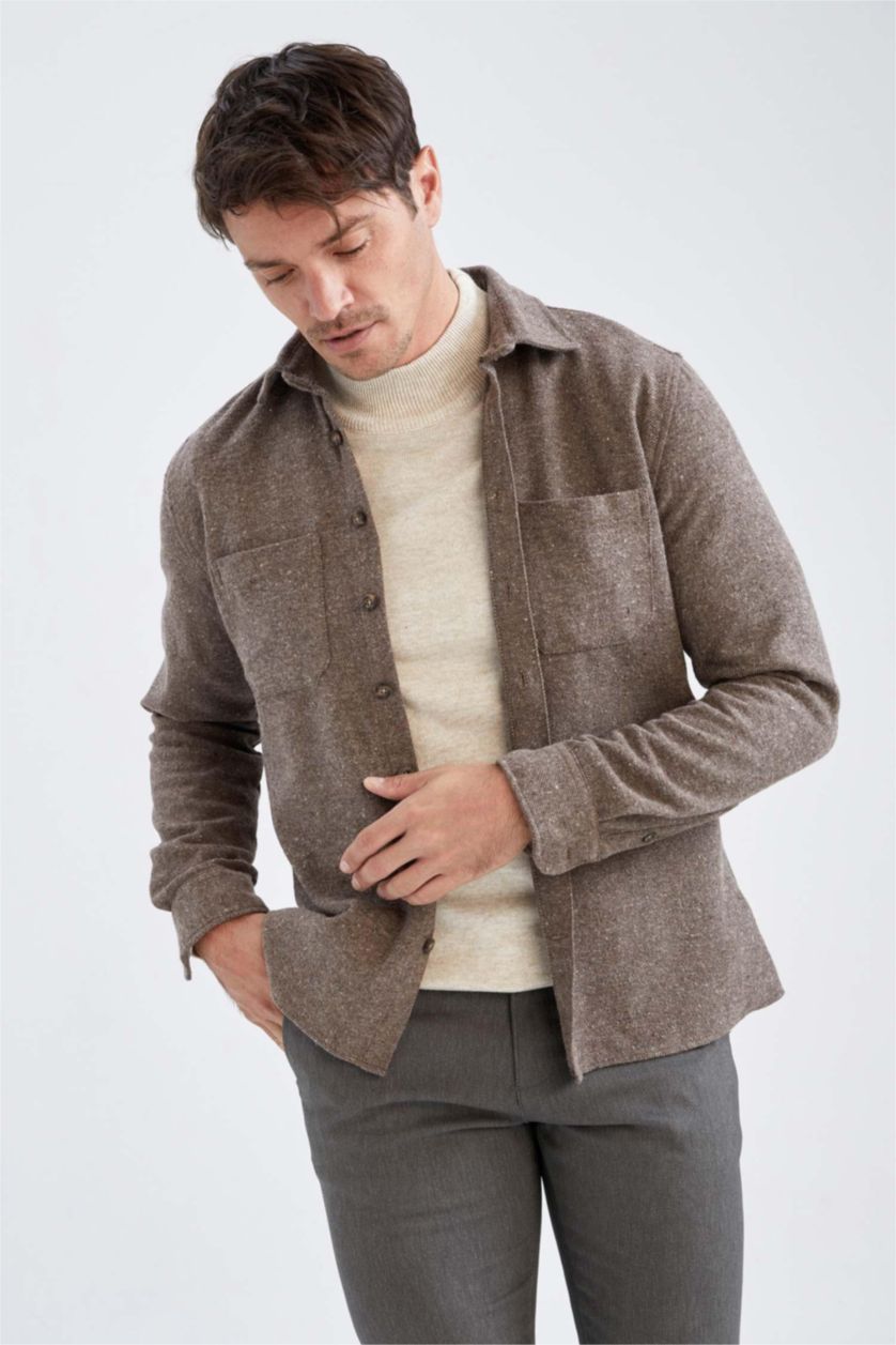 رجالي بني قميص مودرن فيت بأكمام طويلة