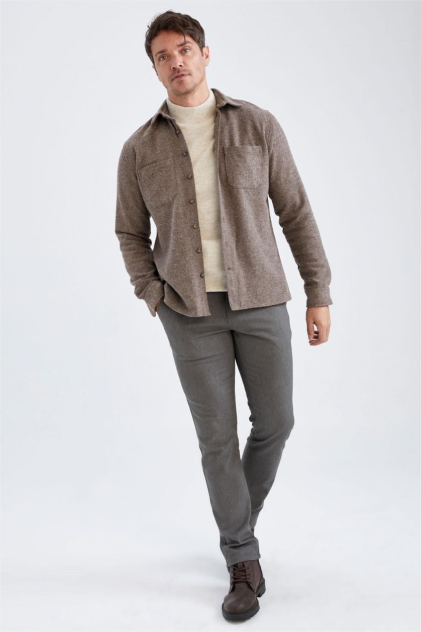 رجالي بني قميص مودرن فيت بأكمام طويلة