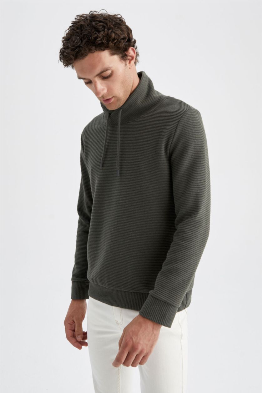 MAN Dark Green Melange Regular Fit Shawl Collar Long Sleeve Sweatshirt