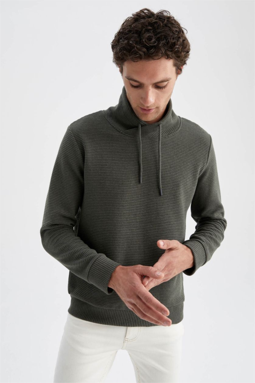 MAN Dark Green Melange Regular Fit Shawl Collar Long Sleeve Sweatshirt