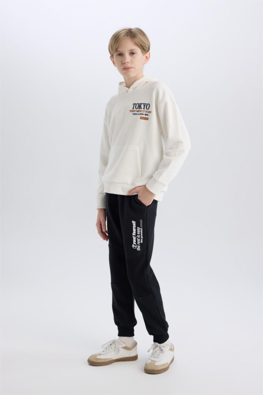 Erkek Çocuk - Genç Erkek Siyah Erkek Çocuk Beli Paçası Lastikli Baskılı Eşofman Altı