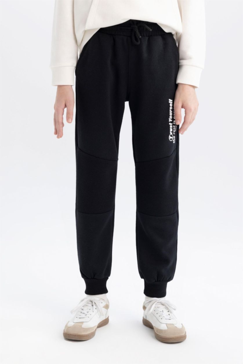 Erkek Çocuk - Genç Erkek Siyah Erkek Çocuk Beli Paçası Lastikli Baskılı Eşofman Altı