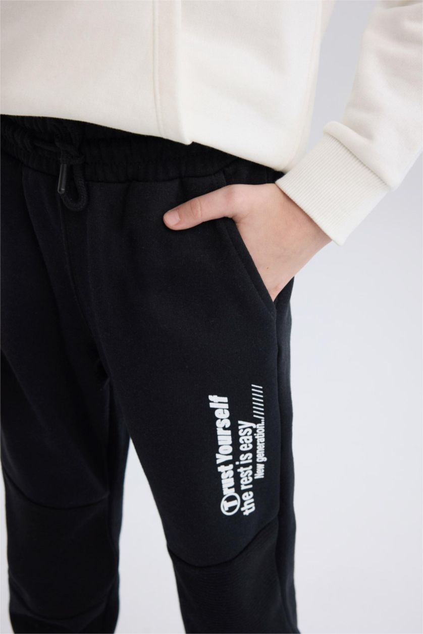 Erkek Çocuk - Genç Erkek Siyah Erkek Çocuk Beli Paçası Lastikli Baskılı Eşofman Altı