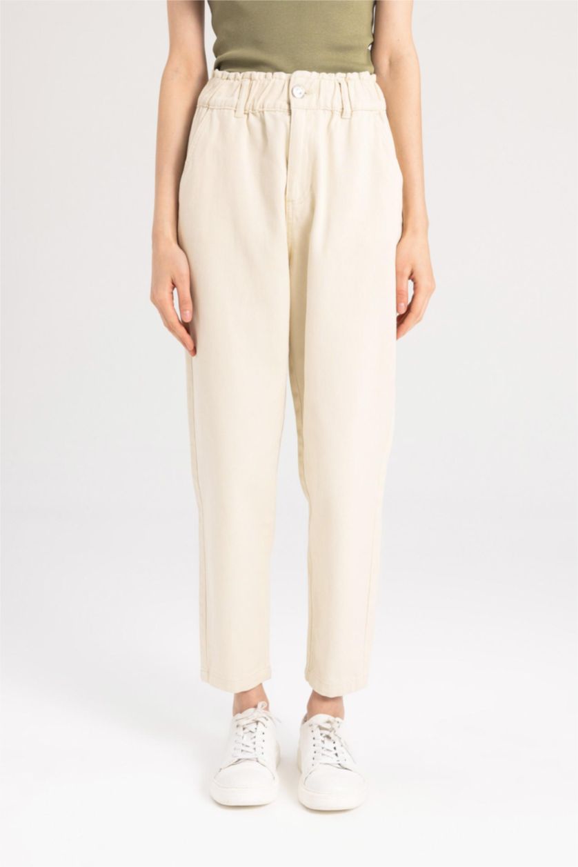 WOMAN Beige Paperbag Fit With Pockets Gabardine Trousers