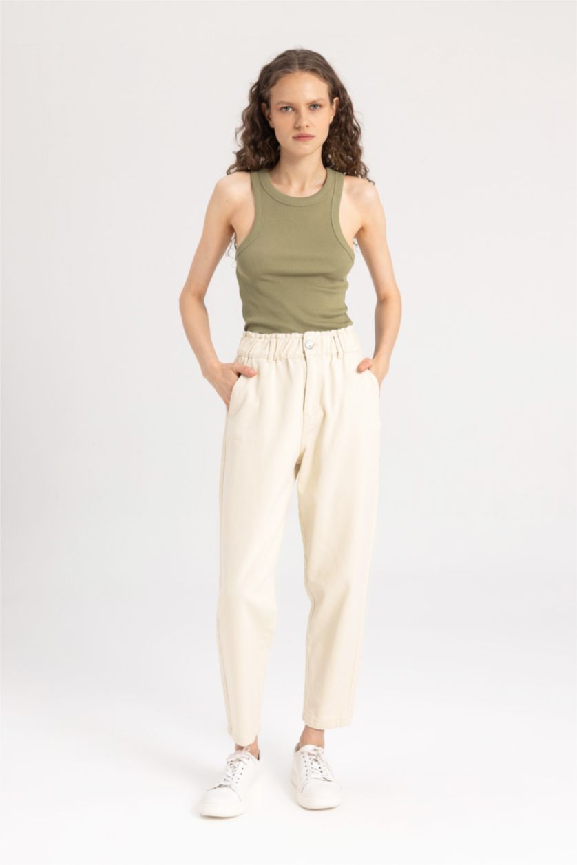 WOMAN Beige Paperbag Fit With Pockets Gabardine Trousers