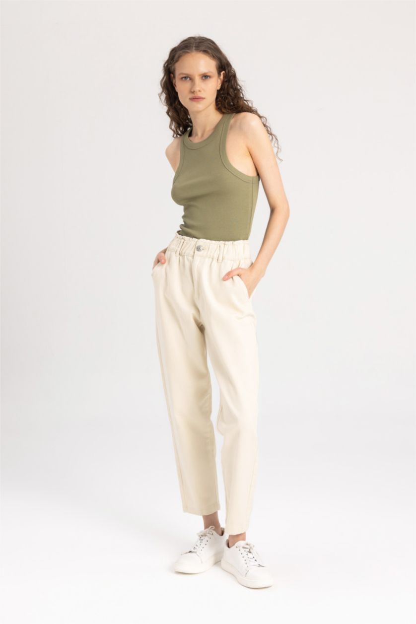 WOMAN Beige Paperbag Fit With Pockets Gabardine Trousers