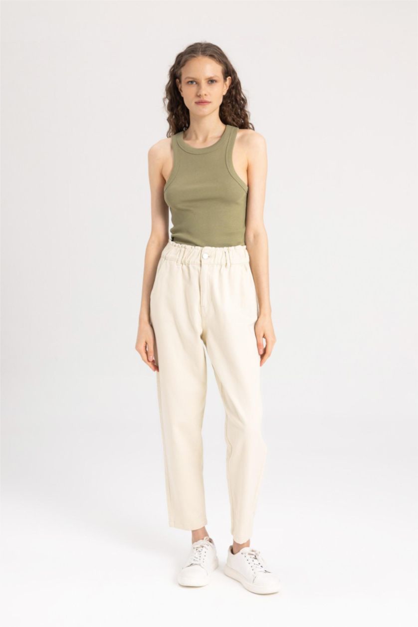 WOMAN Beige Paperbag Fit With Pockets Gabardine Trousers