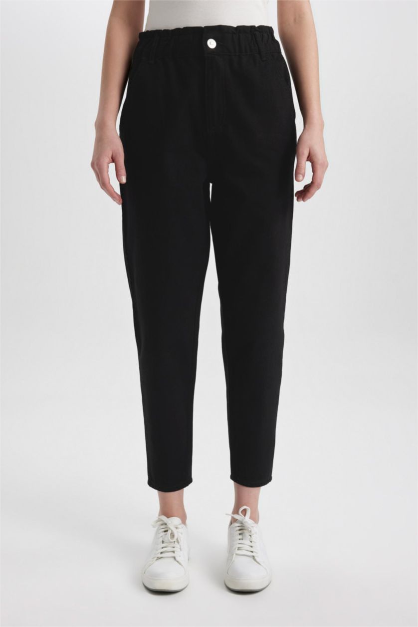 Kadın Siyah Paperbag Gabardin Kumaş Pantolon Yüksek Bel Cepli Basic Düz Standart Paça