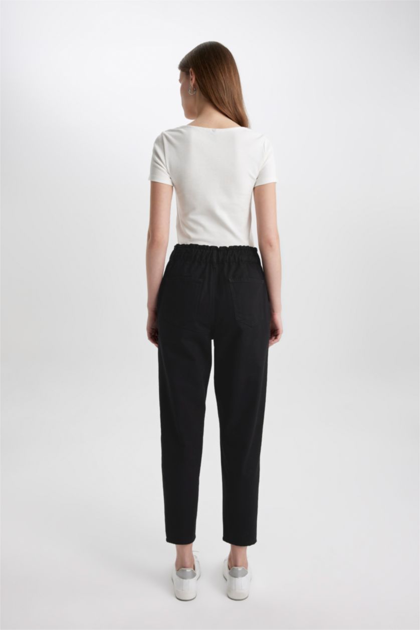 Kadın Siyah Paperbag Gabardin Kumaş Pantolon Yüksek Bel Cepli Basic Düz Standart Paça