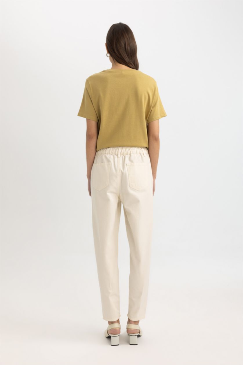 Kadın Ekru Paperbag Gabardin Kumaş Pantolon Yüksek Bel Cepli Basic Düz Standart Paça