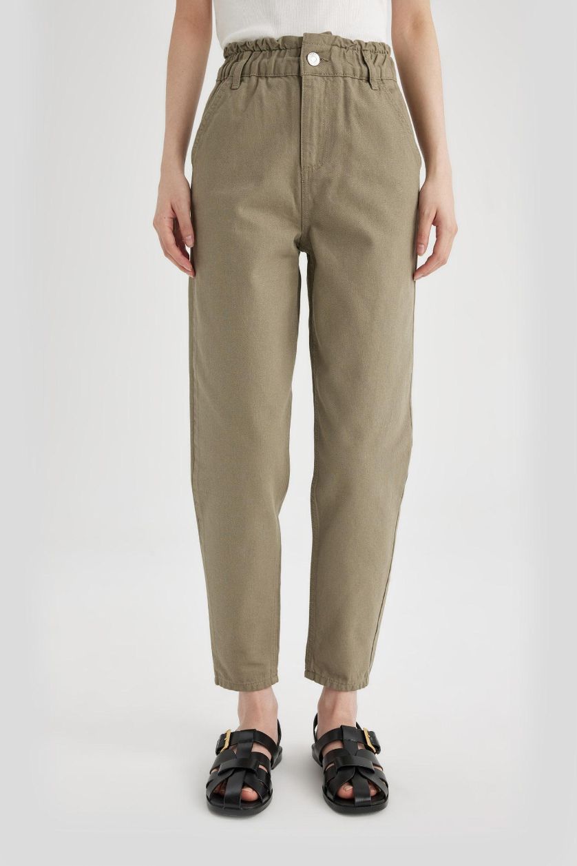 WOMAN Light Khaki Paperbag Fit With Pockets Gabardine Trousers