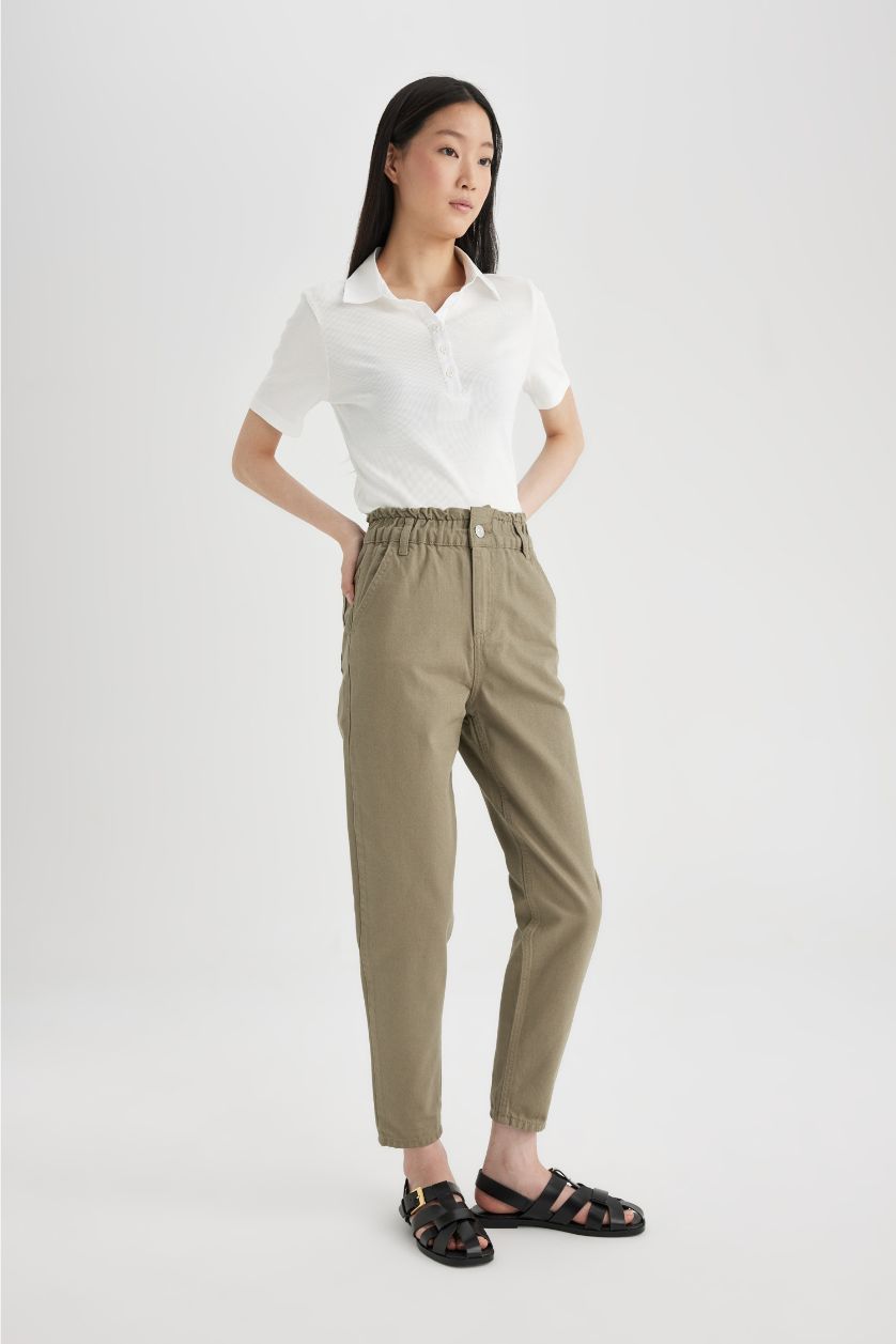 WOMAN Light Khaki Paperbag Fit With Pockets Gabardine Trousers