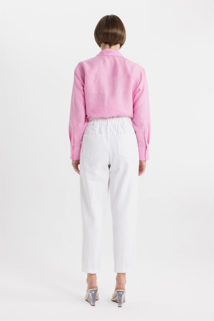 Woman White Paperbag Fit With Pockets Gabardine Trousers