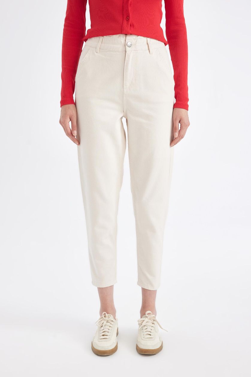 Kadın Ekru Paperbag Gabardin Kumaş Pantolon Yüksek Bel Cepli Basic Düz Standart Paça