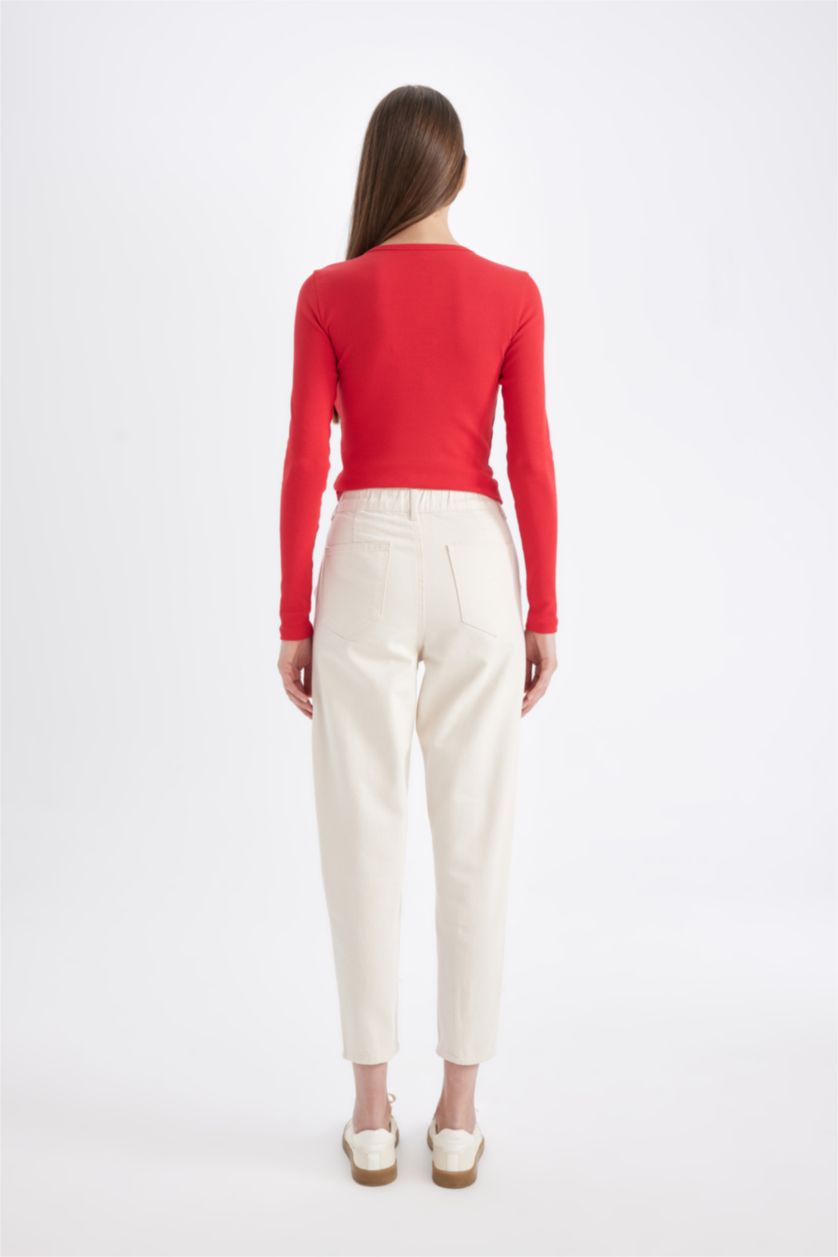 Kadın Ekru Paperbag Gabardin Kumaş Pantolon Yüksek Bel Cepli Basic Düz Standart Paça