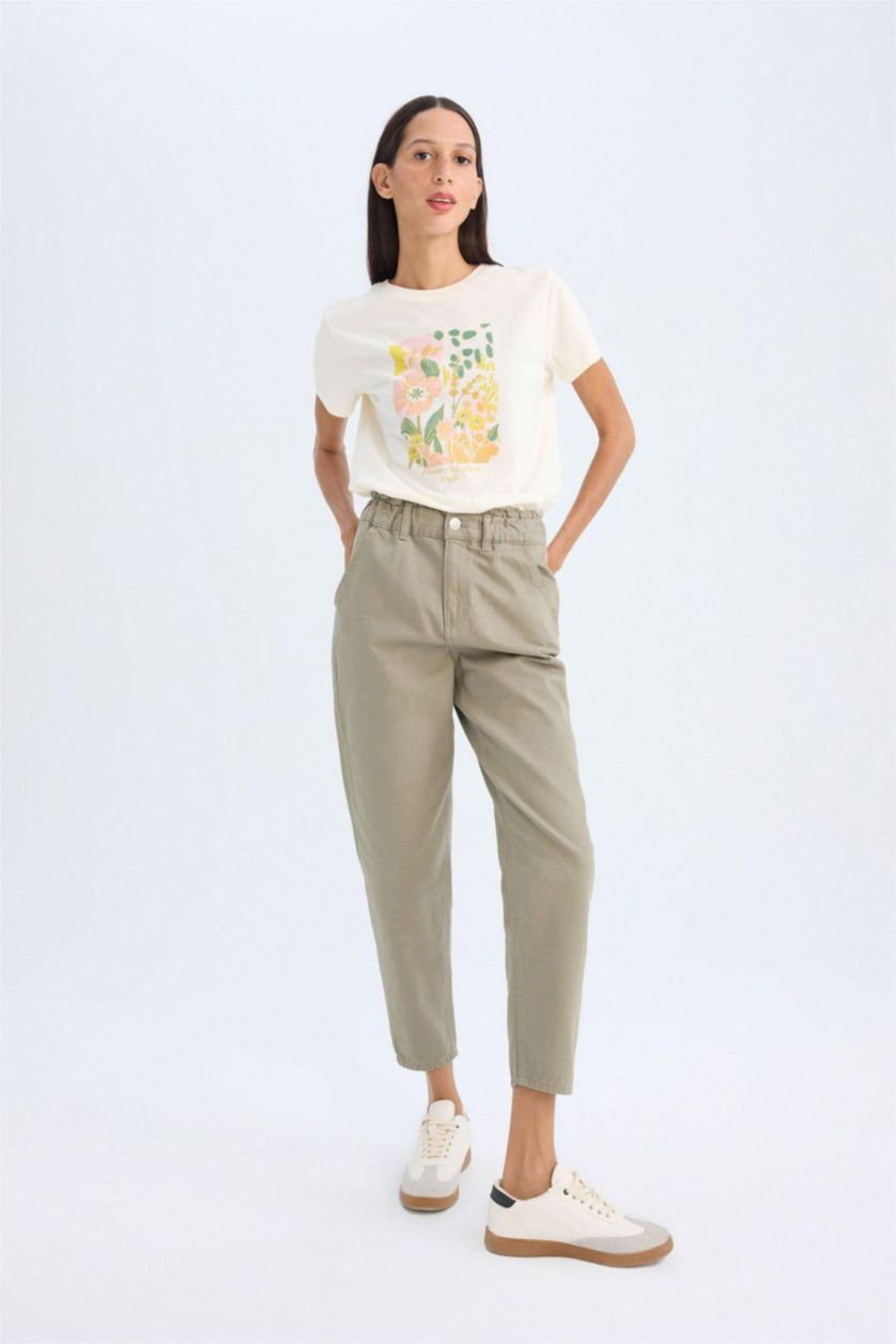 FEMME Kaki Pantalon Paperbag en Gabardine avec poches