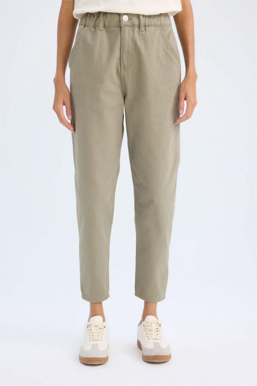 FEMME Kaki Pantalon Paperbag en Gabardine avec poches