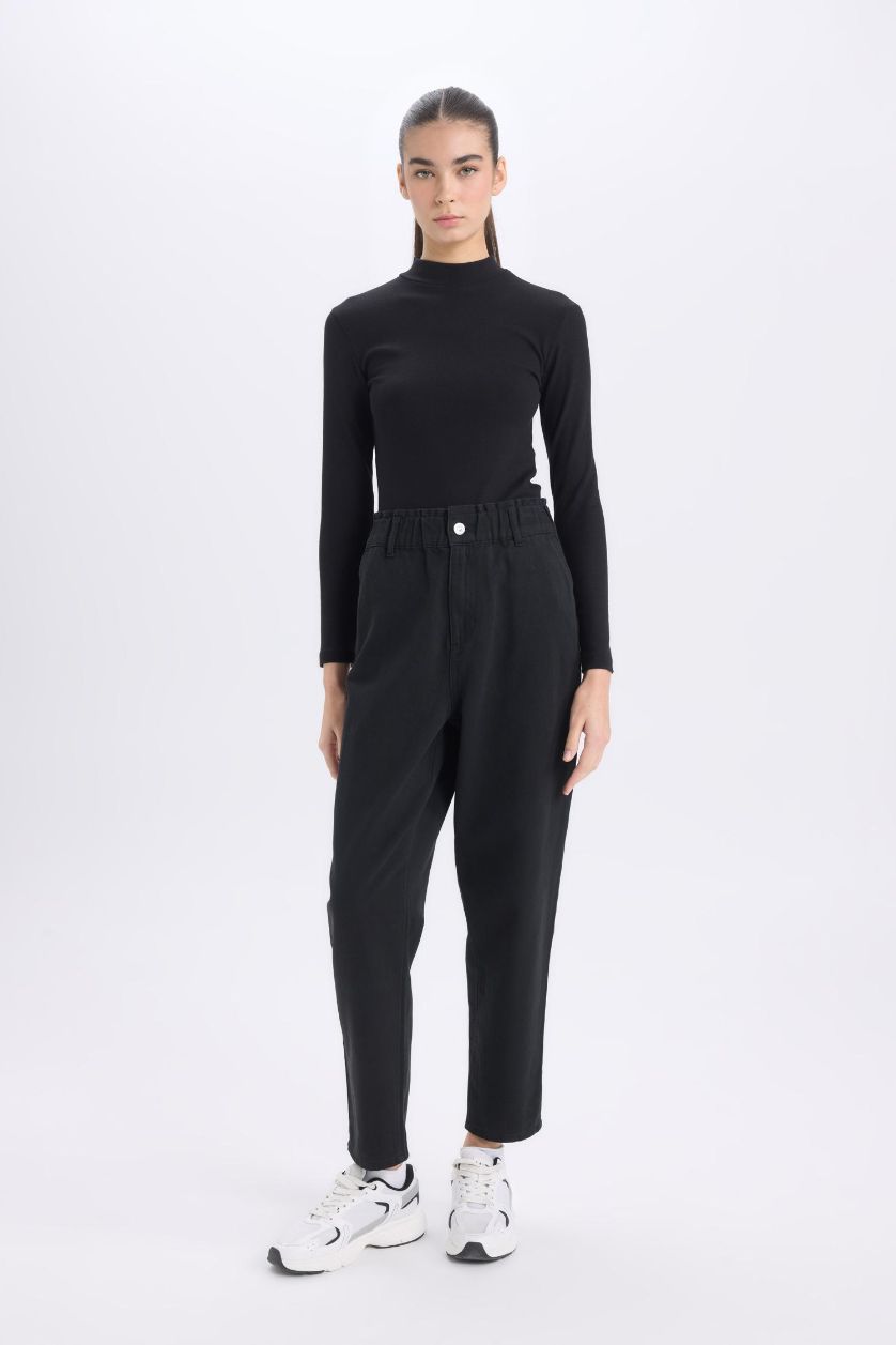 Kadın Siyah Paperbag Gabardin Kumaş Pantolon Cepli Standart Paça Gabardin Pantolon