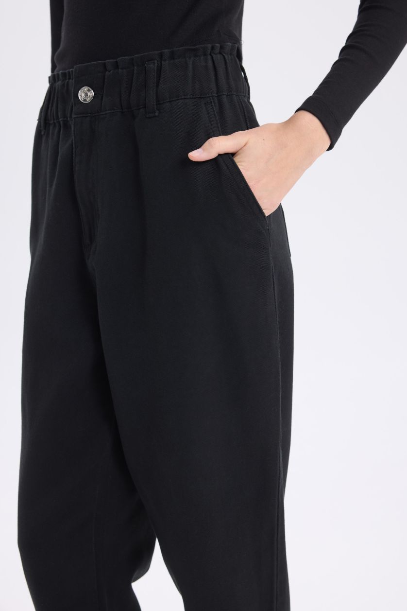 Kadın Siyah Paperbag Gabardin Kumaş Pantolon Cepli Standart Paça Gabardin Pantolon