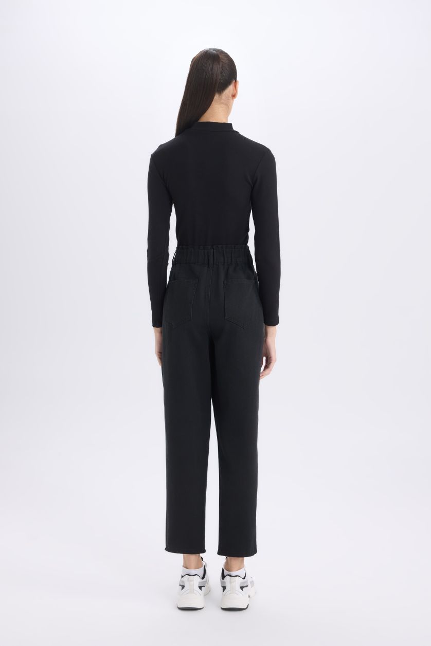 Kadın Siyah Paperbag Gabardin Kumaş Pantolon Cepli Standart Paça Gabardin Pantolon