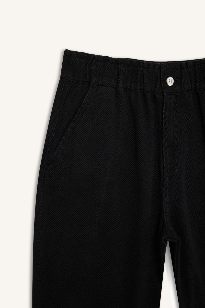 Kadın Siyah Paperbag Gabardin Kumaş Pantolon Cepli Standart Paça Gabardin Pantolon