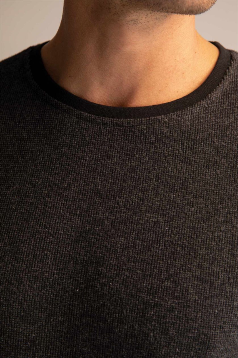 Erkek Antrasit Melanj Slim Fit Bisiklet Yaka Uzun Kollu Basic Tişört